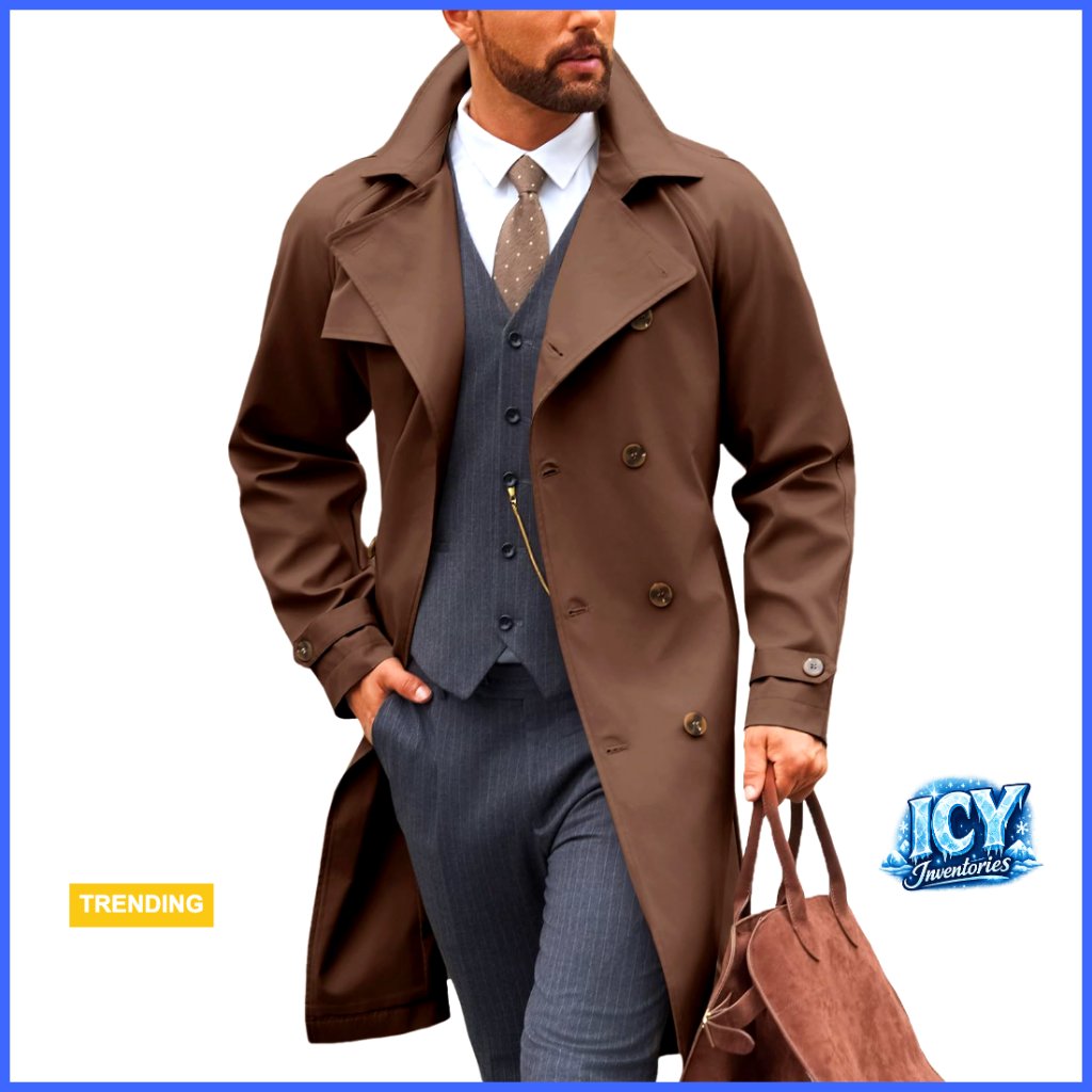 Polyester Trench Coat Double Breasted Notched Lapel Belted Windbreaker Overcoat